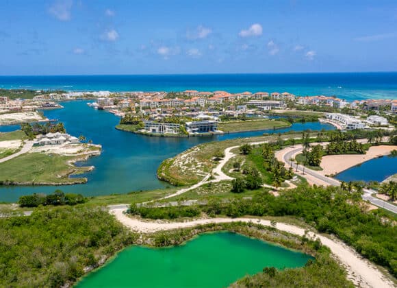 Landscape of a resort area in Cap Cana surrounded by the sea in the Dominican Republic