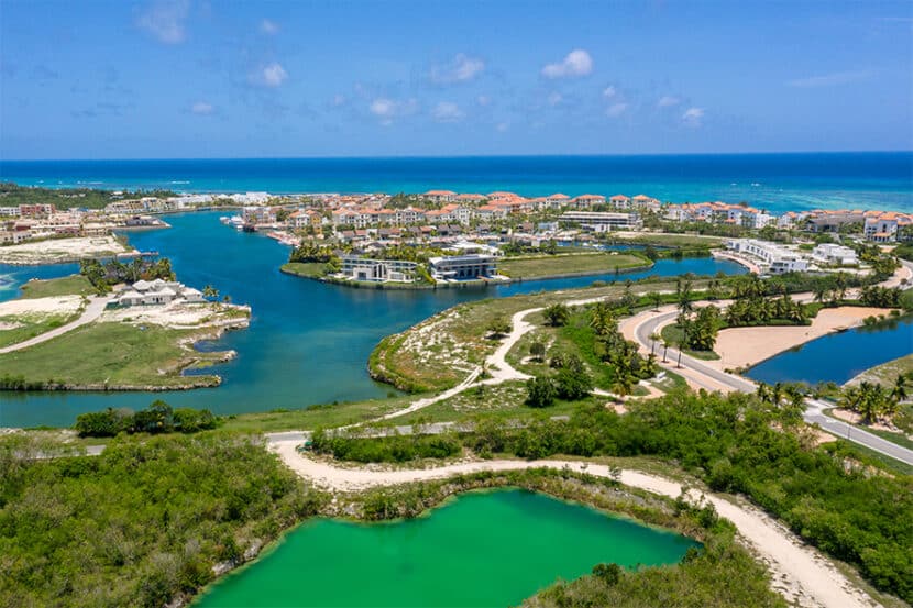 Landscape of a resort area in Cap Cana surrounded by the sea in the Dominican Republic